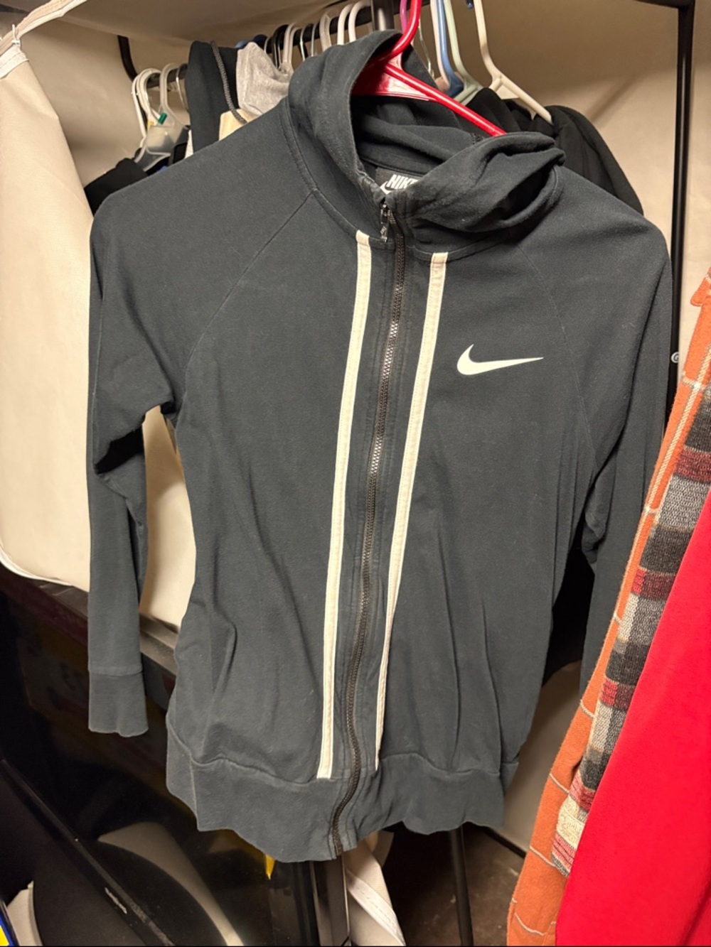 Nike Black Hoodie with White Swoosh and White Zip Trim
